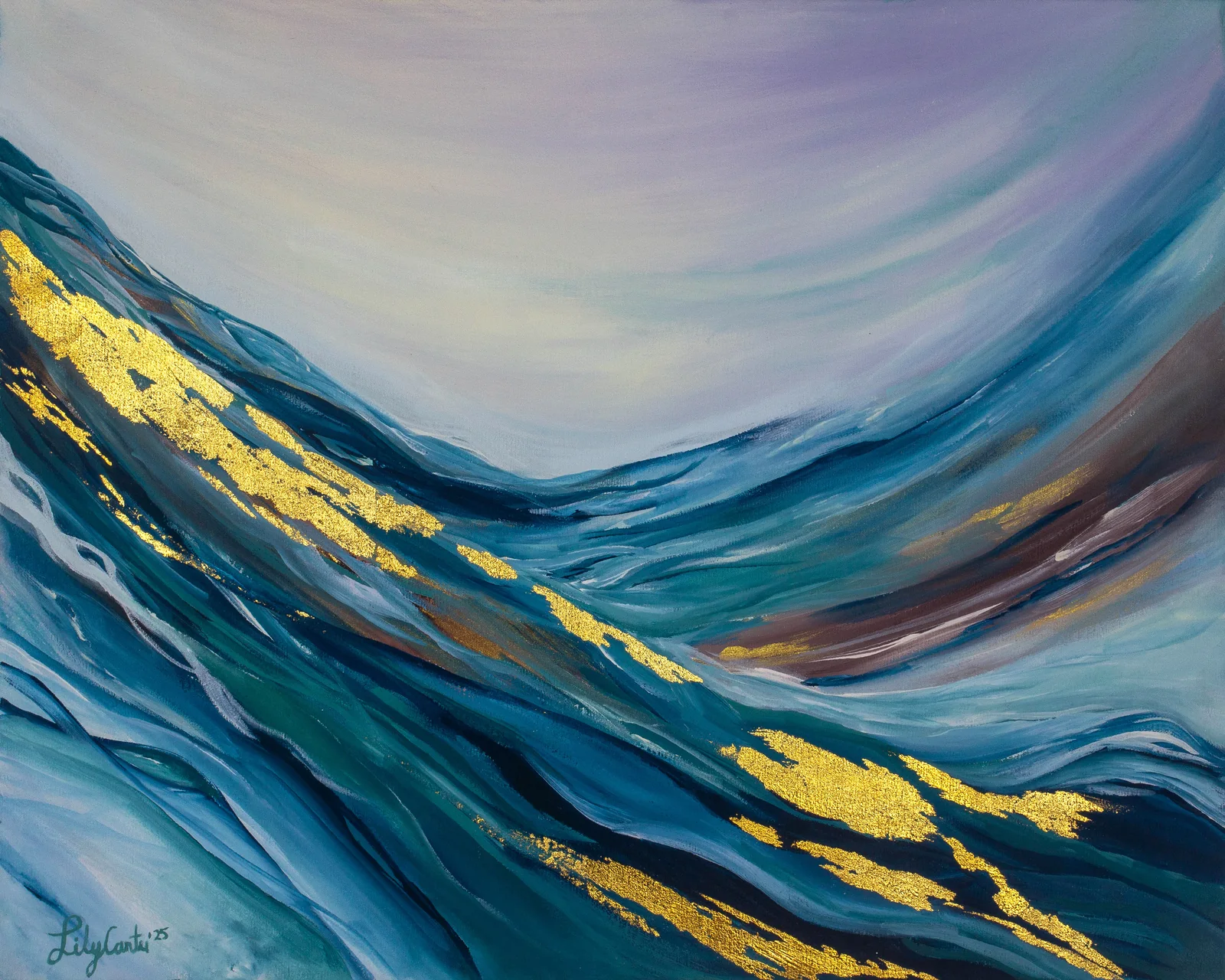 «Almas Gemelas», obra original de Arq. Lily Cantú: olas en azul, turquesa y lila con detalles dorados